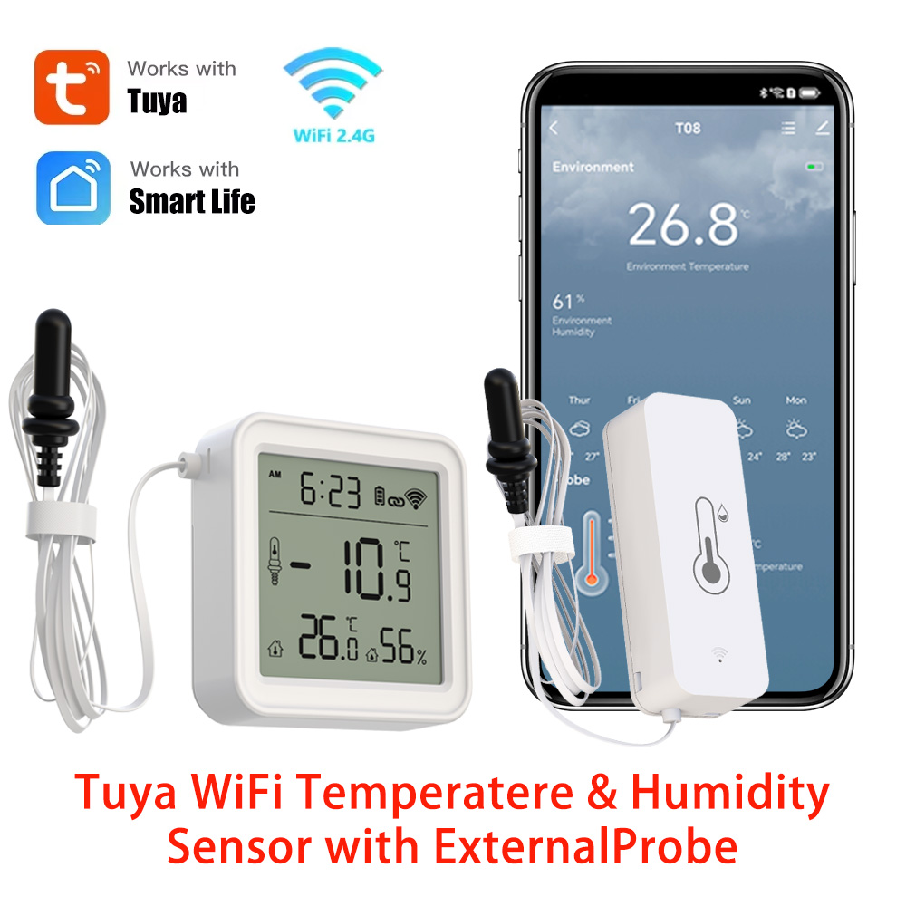 Digital Hygrometer Probe - ทูยา ไวไฟเซ็นเซอร์วัดอุณหภูมิและความชื้นพร้อมไฮโกรมิเตอร์แบบภายนอกสำหรับการตรวจสอบระยะไกล ทำงานร่วมกับอเล็กซา ยานเด็กซ์ สมาร์ทไลฟ์
